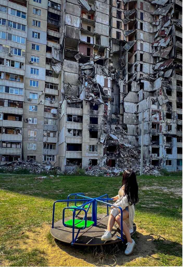 Destroyed buildings in North Saltivka, a dense residential neighbourhood in Kharkiv, Ukraine, which became a “ghost town” due to relentless Russian shelling, with roughly 70% of its buildings damaged.